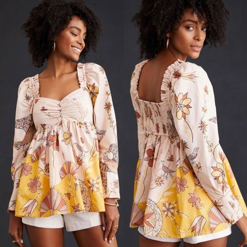 Anthropologie Let Me Be Floral Bird Print Babydoll Top Yellow Boho Dainty Sz S